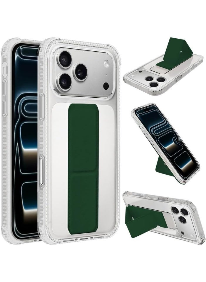 Protective back cover with finger holder stand, compatible with iPhone 17 Pro, clear/olive