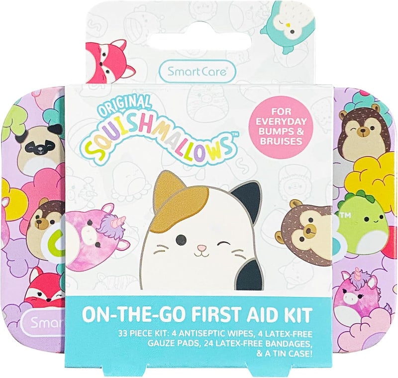 Smart Care Squishmallow First Aid Kit Travel Essentials with Antiseptic Wipes, Cute Bandaids Variety Pack for Kids, Latex-Free Gauze Pads and Bandages in Tin Case, 33PC