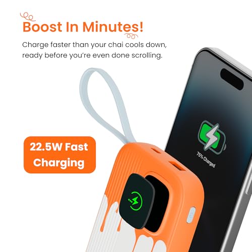 Armor Scoop Power Bank 10000mAh Fast Charging 22.5W | 2 Built-in Cables | 2 Output Ports | Type C Input & Output | Supports Android, Apple, Tablets, Earbuds, Watch | 5 Layer Protection (Orange Burst) - Image 3