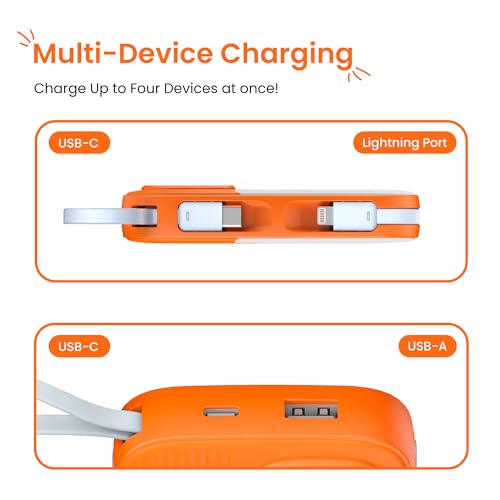 Armor Scoop Power Bank 10000mAh Fast Charging 22.5W | 2 Built-in Cables | 2 Output Ports | Type C Input & Output | Supports Android, Apple, Tablets, Earbuds, Watch | 5 Layer Protection (Orange Burst) - Image 5