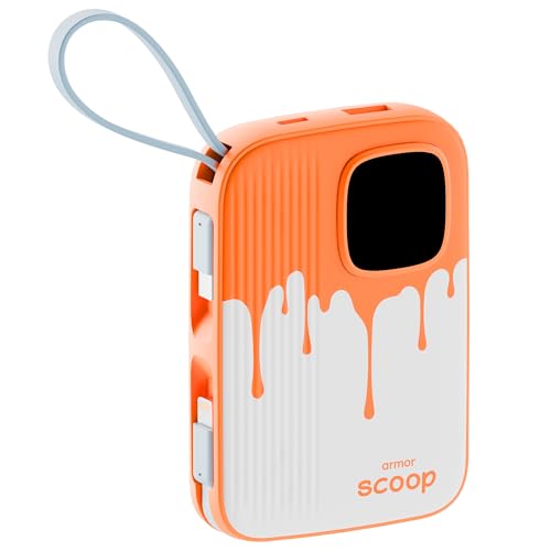 Armor Scoop Power Bank 10000mAh Fast Charging 22.5W | 2 Built-in Cables | 2 Output Ports | Type C Input & Output | Supports Android, Apple, Tablets, Earbuds, Watch | 5 Layer Protection (Orange Burst) - Image 1