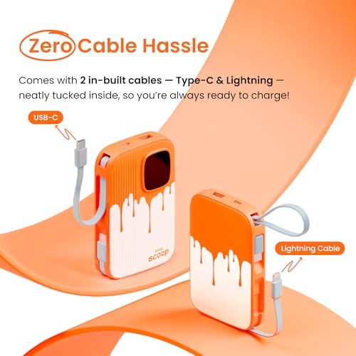 Armor Scoop Power Bank 10000mAh Fast Charging 22.5W | 2 Built-in Cables | 2 Output Ports | Type C Input & Output | Supports Android, Apple, Tablets, Earbuds, Watch | 5 Layer Protection (Orange Burst) - Image 2
