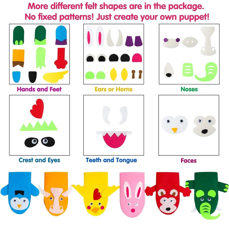 WATINC 6Pcs Hand Puppet Making Kit, Art Craft Felt Sock Puppet Toys, Creative DIY Make Your Own Pompoms Wiggle Googly Eyes Storytelling Role Play Party Supplies Gift for Girls Boys (Animals) - Image 3