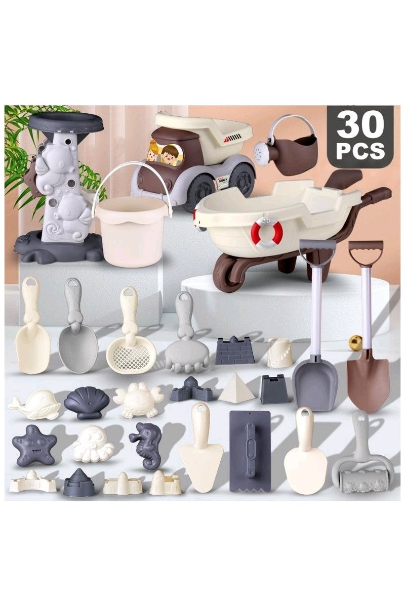 30-piece children's beach toy set for digging, playing in water, outdoor beachcombing, gardening, and space-themed toys with jujube seeds and sand.