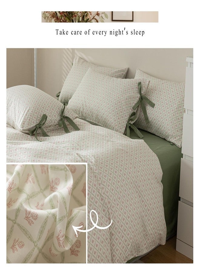 LifeTB Pink Flower Duvet Cover Queen Green Plaid Grid Duvet Cover 100% Cotton Floral Cottagecore Bedding Set Queen with 2 Bow Ties Pillowcases Vintage Aesthetic Girls Comforter Cover with Zipper Closure - Image 4