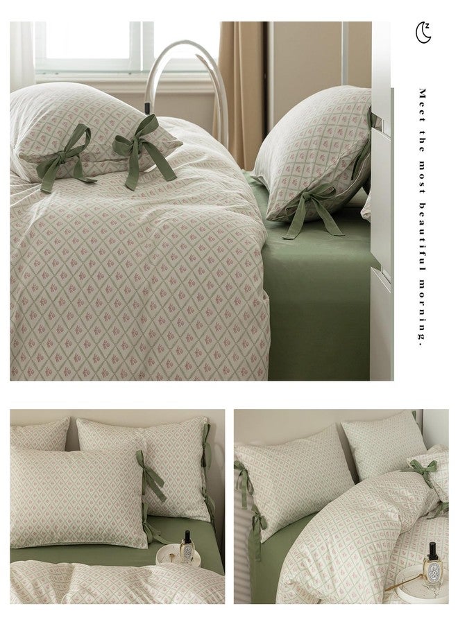 LifeTB Pink Flower Duvet Cover Queen Green Plaid Grid Duvet Cover 100% Cotton Floral Cottagecore Bedding Set Queen with 2 Bow Ties Pillowcases Vintage Aesthetic Girls Comforter Cover with Zipper Closure - Image 3