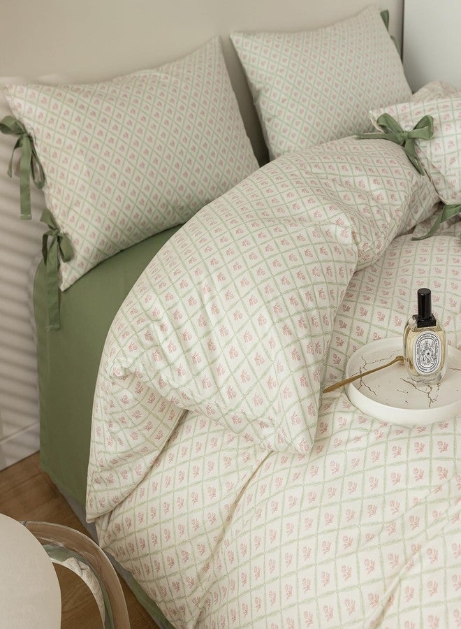 LifeTB Pink Flower Duvet Cover Queen Green Plaid Grid Duvet Cover 100% Cotton Floral Cottagecore Bedding Set Queen with 2 Bow Ties Pillowcases Vintage Aesthetic Girls Comforter Cover with Zipper Closure - Image 2