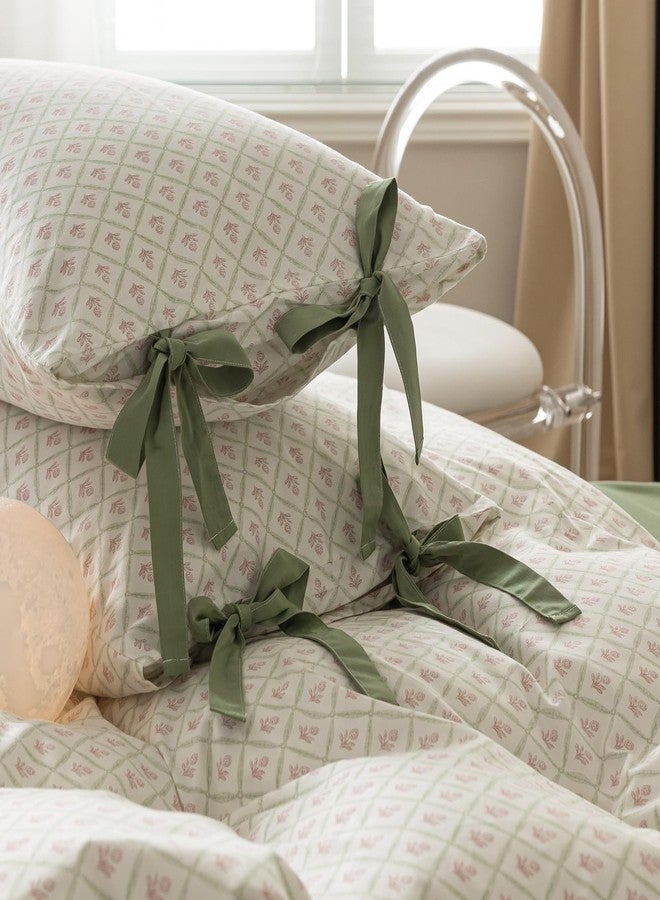 LifeTB Pink Flower Duvet Cover Queen Green Plaid Grid Duvet Cover 100% Cotton Floral Cottagecore Bedding Set Queen with 2 Bow Ties Pillowcases Vintage Aesthetic Girls Comforter Cover with Zipper Closure - Image 5