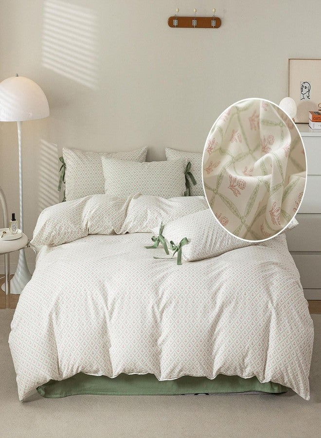 LifeTB Pink Flower Duvet Cover Queen Green Plaid Grid Duvet Cover 100% Cotton Floral Cottagecore Bedding Set Queen with 2 Bow Ties Pillowcases Vintage Aesthetic Girls Comforter Cover with Zipper Closure - Image 1