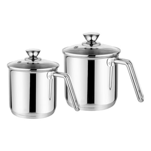 Prabha Stainless Steel Milk Pot with Handle 11cm, 14cm 1.1 Litre, 1.8 Litre Set of 2 | Milk Boiler Glass Lid Steam Vent | Tea Container Water Boiling | Coffee/Milk Warmer, Even & Faster Heating - Image 1