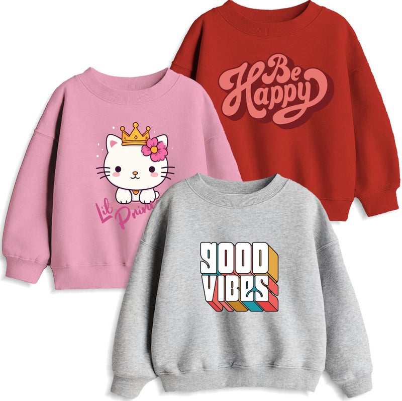 minicult Cotton Blend Full Sleeves Sweatshirt for Kids with Fun Prints(Good Vibes)(Pack of 3)(2-3 Years), Regular, Crew Neck, Multicolour - Image 1