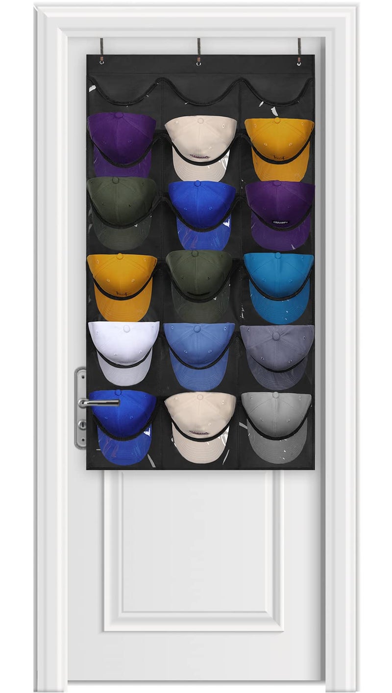 Dofilachy Hat Rack  Hat Organizer  Hat Racks for Baseball Caps Visible Hat Holder  Baseball Hat Rack for Wall Door with 3 Hooks 18 Deep PocketsBlack medium