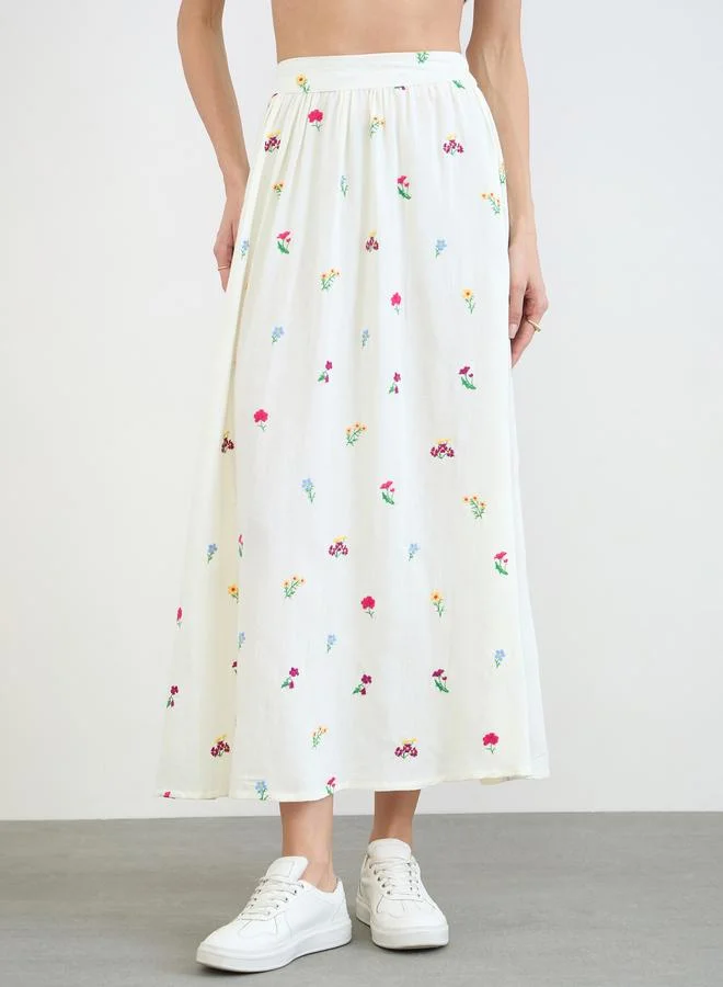 Styli Off White Floral Embroidered Maxi Skirt