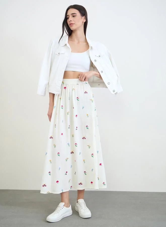 Styli Off White Floral Embroidered Maxi Skirt
