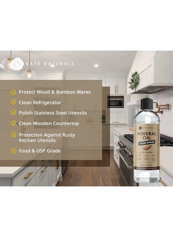 Kate Naturals - Mineral Oil for Wood Cutting Board Oil, Butcher Block, and Knife. Food Grade Mineral Oil for Wooden Cutting Board (8oz, Food Safe Oil) - Image 1