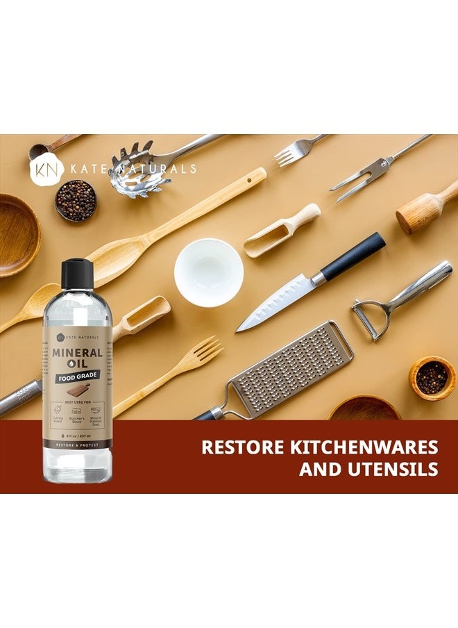 Kate Naturals - Mineral Oil for Wood Cutting Board Oil, Butcher Block, and Knife. Food Grade Mineral Oil for Wooden Cutting Board (8oz, Food Safe Oil) - Image 1