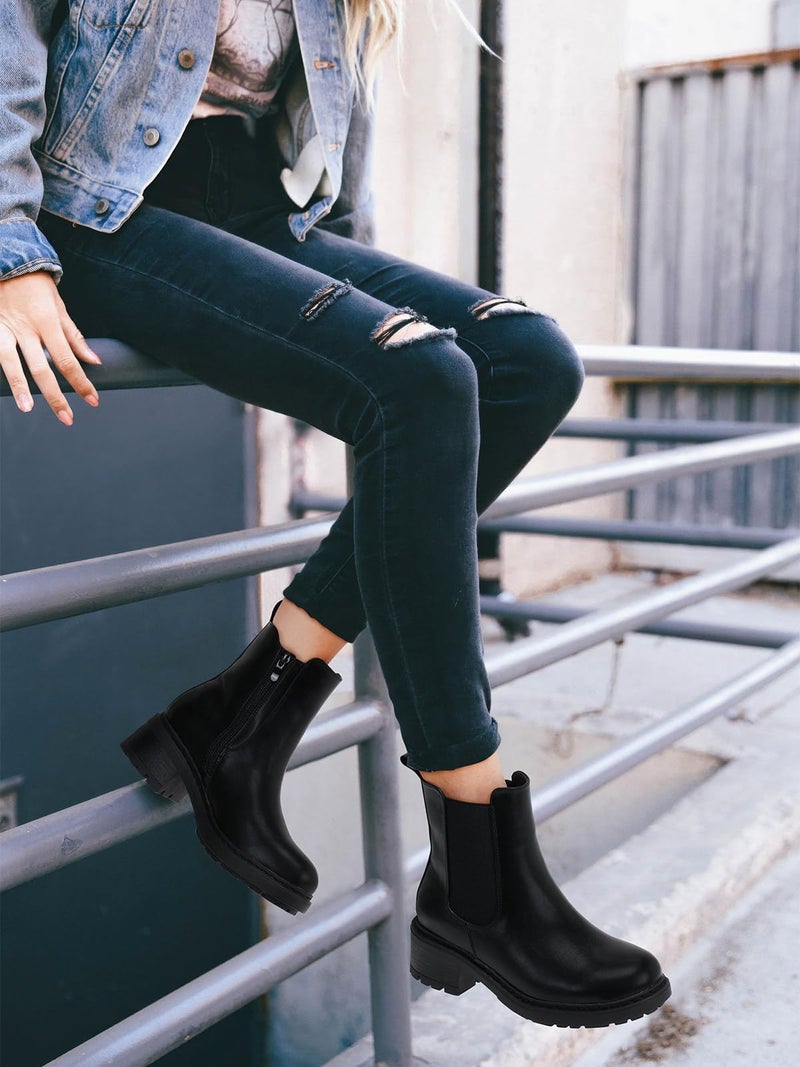 SHIBEVER Women's Chelsea Boots Slip on Chunky Heel Platform Ankle Booties with Lug Sole for Fall Fashion 2025 Size Black 7.5 - Image 2