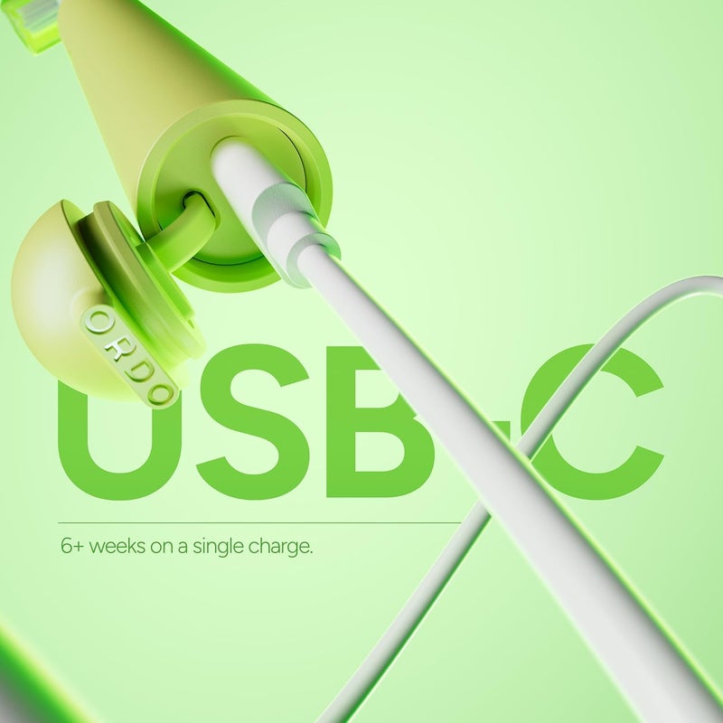 أوردو فرشاة أسنان كهربائية صوتية قابلة للشحن Sonic Edge للبالغين، فرشاة أسنان صوتية مدمجة مع USB-C، بطارية تدوم لأكثر من 6 أسابيع، غطاء سفر، رأس فرشاة واحد وكابل (شربات الليمون) - Image 5
