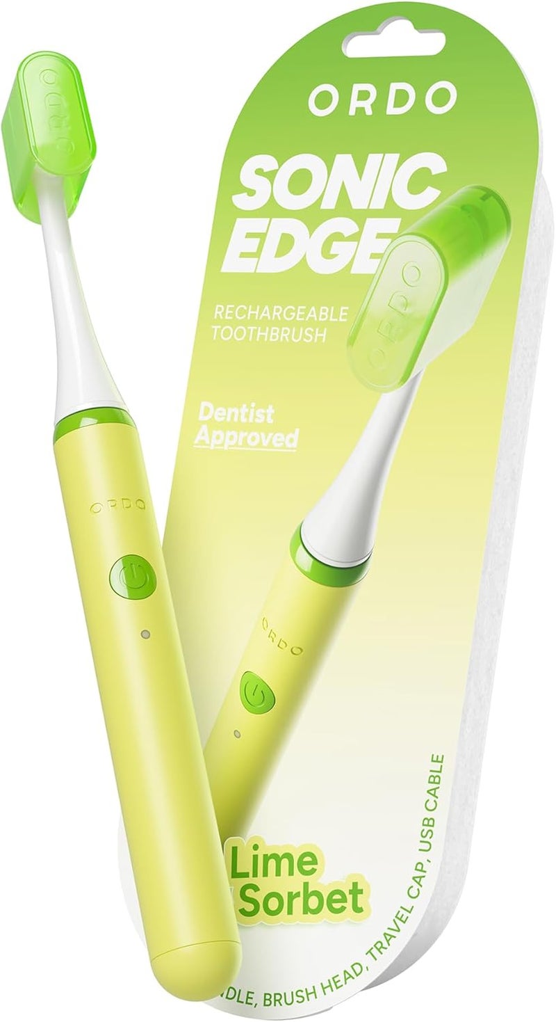 أوردو فرشاة أسنان كهربائية صوتية قابلة للشحن Sonic Edge للبالغين، فرشاة أسنان صوتية مدمجة مع USB-C، بطارية تدوم لأكثر من 6 أسابيع، غطاء سفر، رأس فرشاة واحد وكابل (شربات الليمون) - Image 1