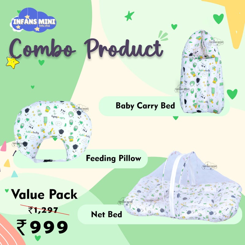 Infans Mini Baby Bedding Set, 3 Pcs Cotton Sleeping Essential|Baby Sleeping Bag|Mother Nursing Feeding Pillow|Mosquito Net Bed for 0-6 Months (Panda Green) - Image 2