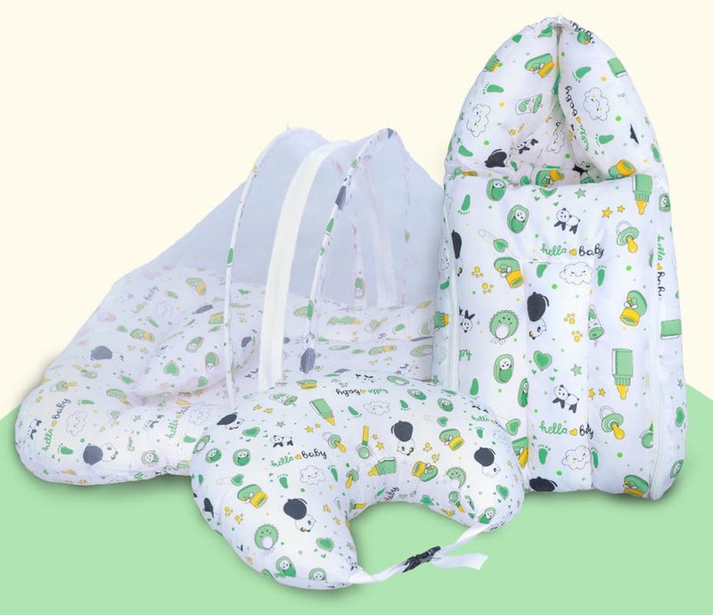 Infans Mini Baby Bedding Set, 3 Pcs Cotton Sleeping Essential|Baby Sleeping Bag|Mother Nursing Feeding Pillow|Mosquito Net Bed for 0-6 Months (Panda Green) - Image 1
