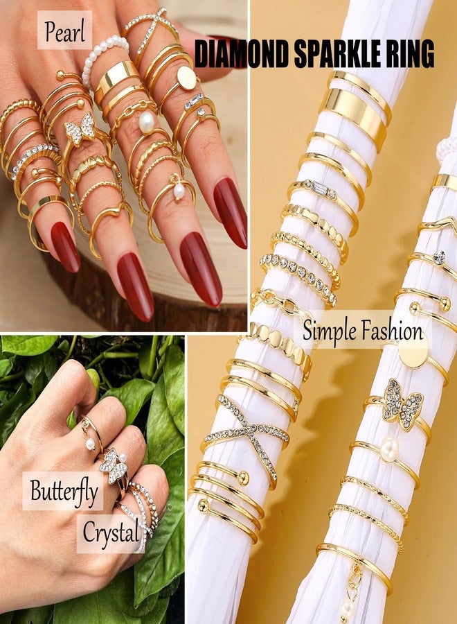 17IF 22 Pcs Gold Vintage Knuckle Ring Set for Women, Boho Crystal Finger Aesthetic Pearl Sparkle Butterfly Chunky Stackable Midi Ring Pack (CrystalButter) - Image 2