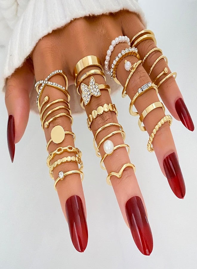 17IF 22 Pcs Gold Vintage Knuckle Ring Set for Women, Boho Crystal Finger Aesthetic Pearl Sparkle Butterfly Chunky Stackable Midi Ring Pack (CrystalButter) - Image 3