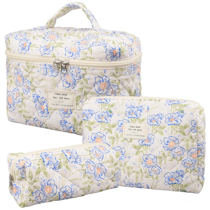 honitty Makeup Bag,Quilted Cosmetic Bags,Large Floral Make Up Organize bag,Makeup Bag Set for Women,Flower Travel Toiletry Bag - Image 1