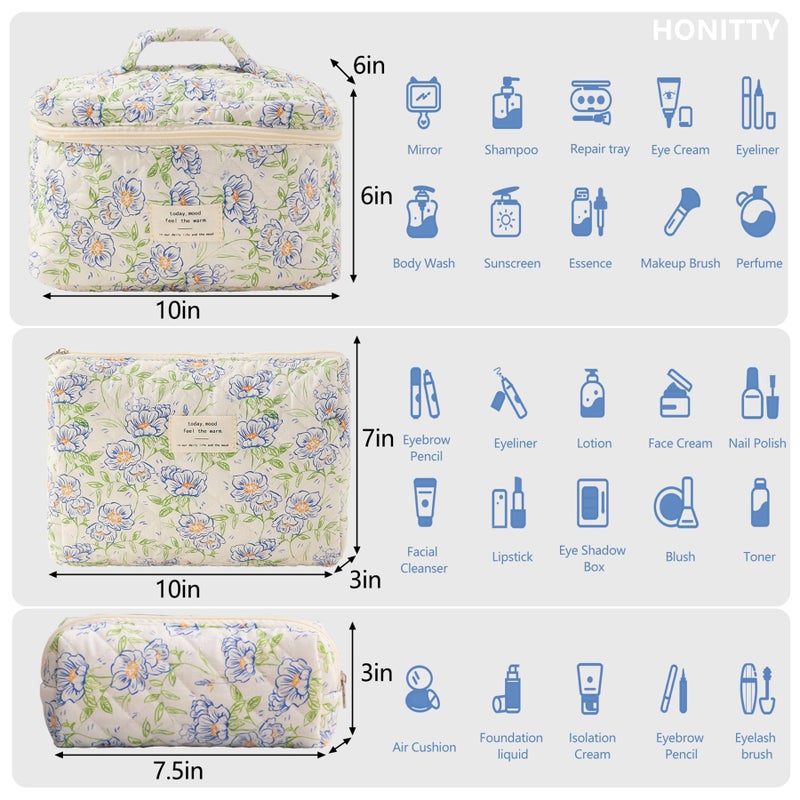 honitty Makeup Bag,Quilted Cosmetic Bags,Large Floral Make Up Organize bag,Makeup Bag Set for Women,Flower Travel Toiletry Bag - Image 2