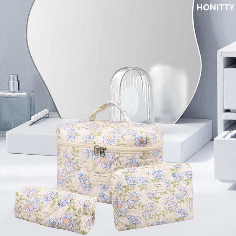 honitty Makeup Bag,Quilted Cosmetic Bags,Large Floral Make Up Organize bag,Makeup Bag Set for Women,Flower Travel Toiletry Bag - Image 5