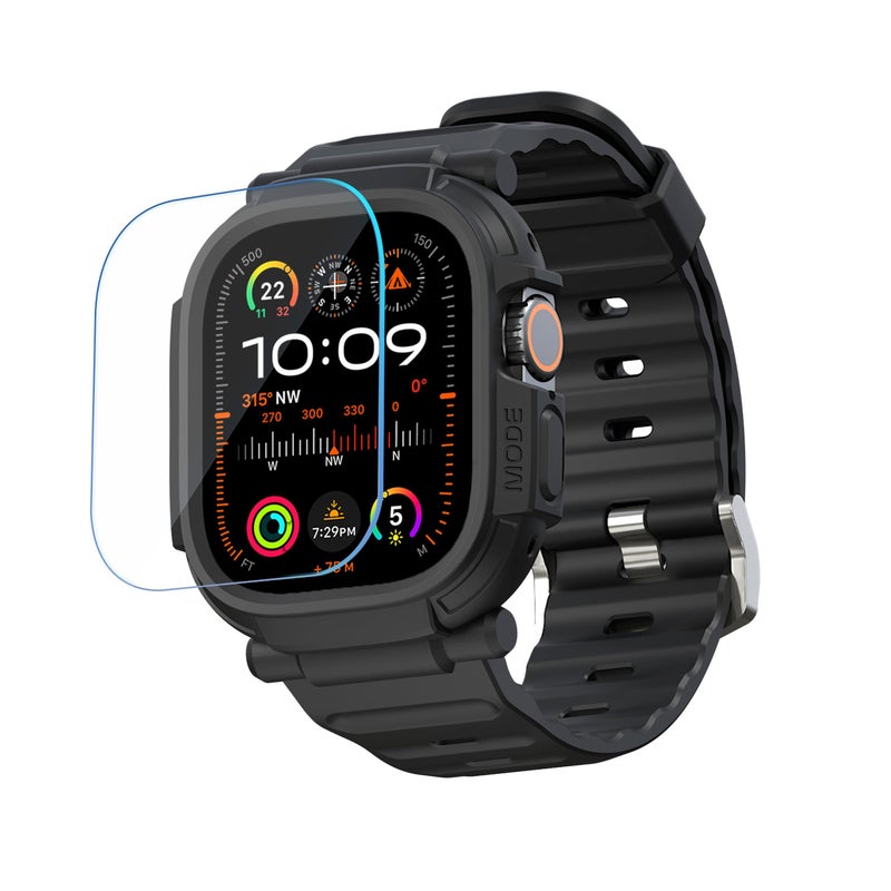 elkson Band Case for 49mm Apple Watch Ultra 3/2/1 with Screen Protector Tempered Glass, Quattro Pro Series Rugged for iWatch Strap, Military Grade Durable Protective Bumper Cover, Shockproof, Black - Image 1