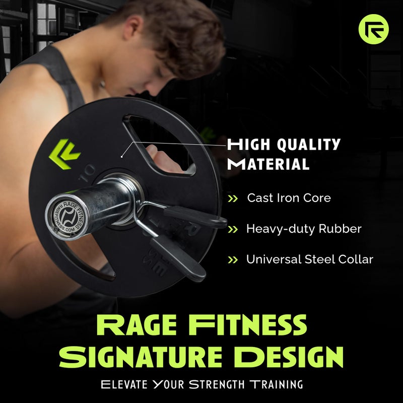 Rage Fitness أوزان حديدية من رايج فيتنس، مطلية بالمطاط، إدخال فولاذي 2" (5 رطل، 10 رطل، 25 رطل، 45 رطل - تُباع بشكل فردي) - Image 2