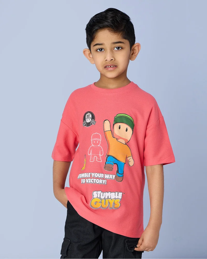 REDTAG Boys Red Stumble Guys Over Sized T-Shirt