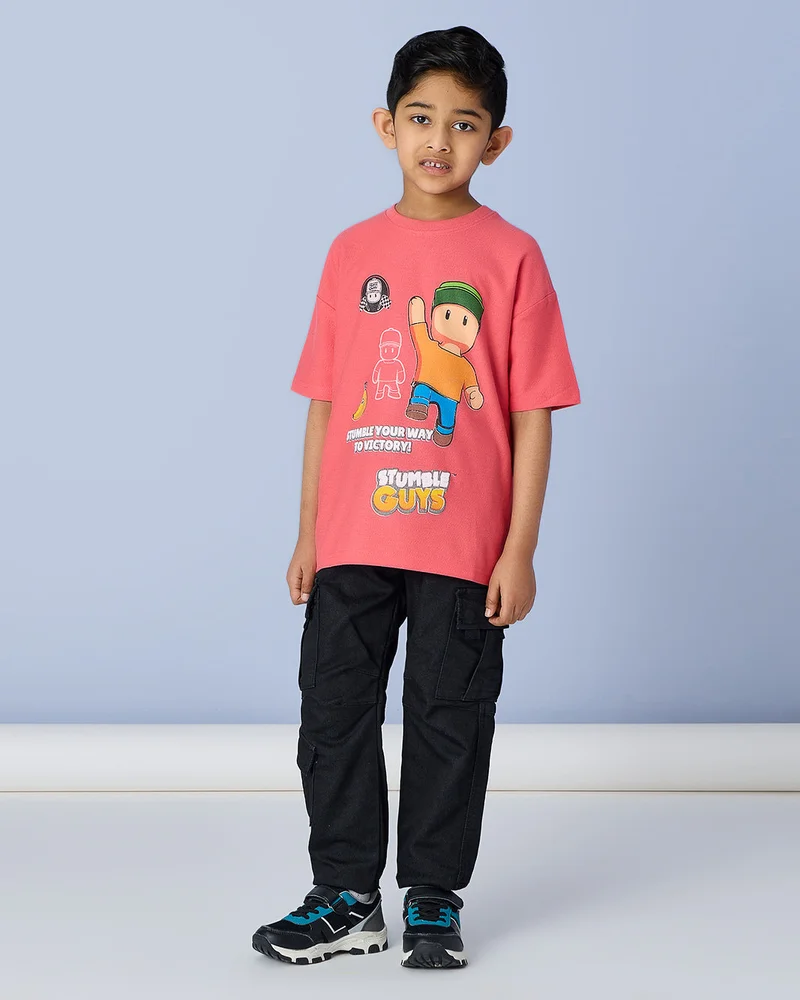 REDTAG Boys Red Stumble Guys Over Sized T-Shirt