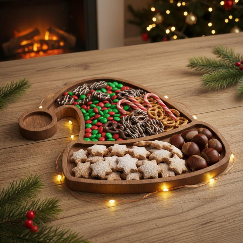 Maxcheck Santa Hat Christmas Serving Tray Platter Charcuterie Board Christmas Wood Serving Dish Cutting Board Rustic Farmhouse 11.42 x 10.43 Inches Table Plate for Cheese Food Fruit Party - Image 2