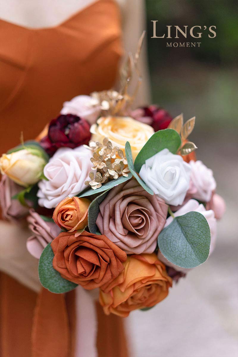 Ling's moment Ling's Moment Artificial Flowers Fake Silk Roses Faux Foam Flower Combo for DIY Wedding Bouquets Centerpieces Arrangements Bridal Shower Party Home Decorations  Orange & Dusty Rose  21pcs  - Image 4