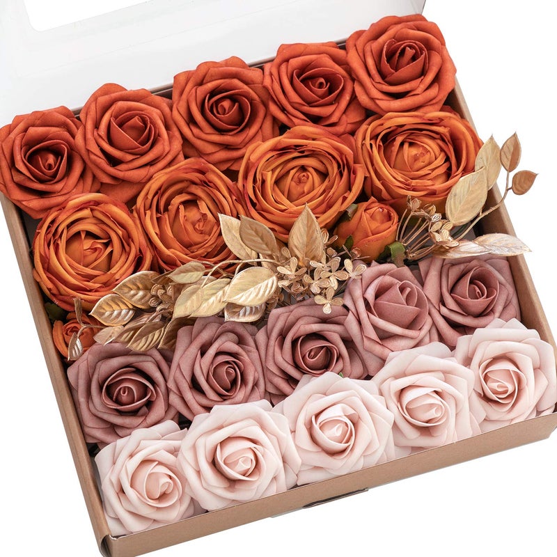Ling's moment Ling's Moment Artificial Flowers Fake Silk Roses Faux Foam Flower Combo for DIY Wedding Bouquets Centerpieces Arrangements Bridal Shower Party Home Decorations  Orange & Dusty Rose  21pcs  - Image 1