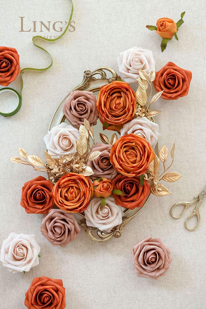 Ling's moment Ling's Moment Artificial Flowers Fake Silk Roses Faux Foam Flower Combo for DIY Wedding Bouquets Centerpieces Arrangements Bridal Shower Party Home Decorations  Orange & Dusty Rose  21pcs  - Image 2