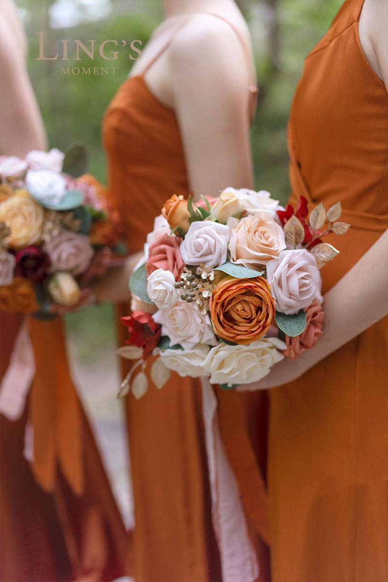 Ling's moment Ling's Moment Artificial Flowers Fake Silk Roses Faux Foam Flower Combo for DIY Wedding Bouquets Centerpieces Arrangements Bridal Shower Party Home Decorations  Orange & Dusty Rose  21pcs  - Image 3