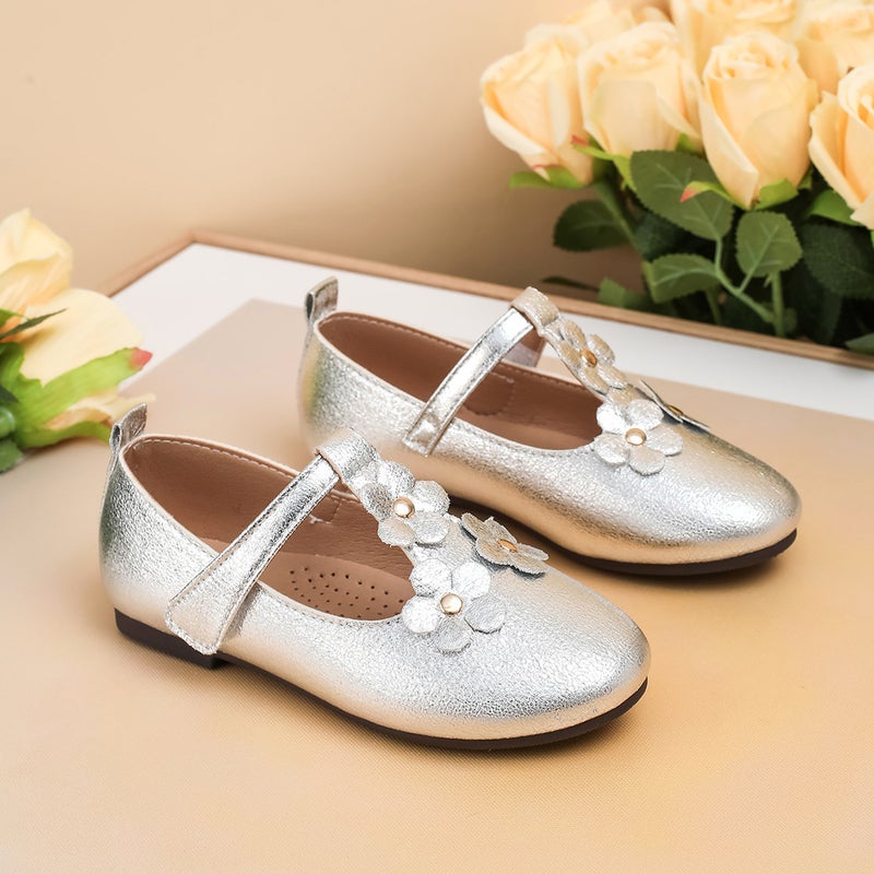 Girls' Leather Shoes, Fashion Small Floral Flat Shoes, Little Girls' Solid Color Princess Shoes, Soft-Soled Dance Shoes - Image 5