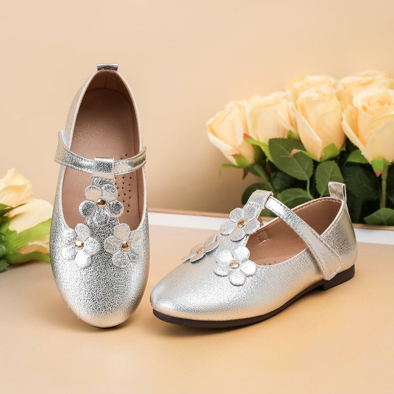 Girls' Leather Shoes, Fashion Small Floral Flat Shoes, Little Girls' Solid Color Princess Shoes, Soft-Soled Dance Shoes - Image 2