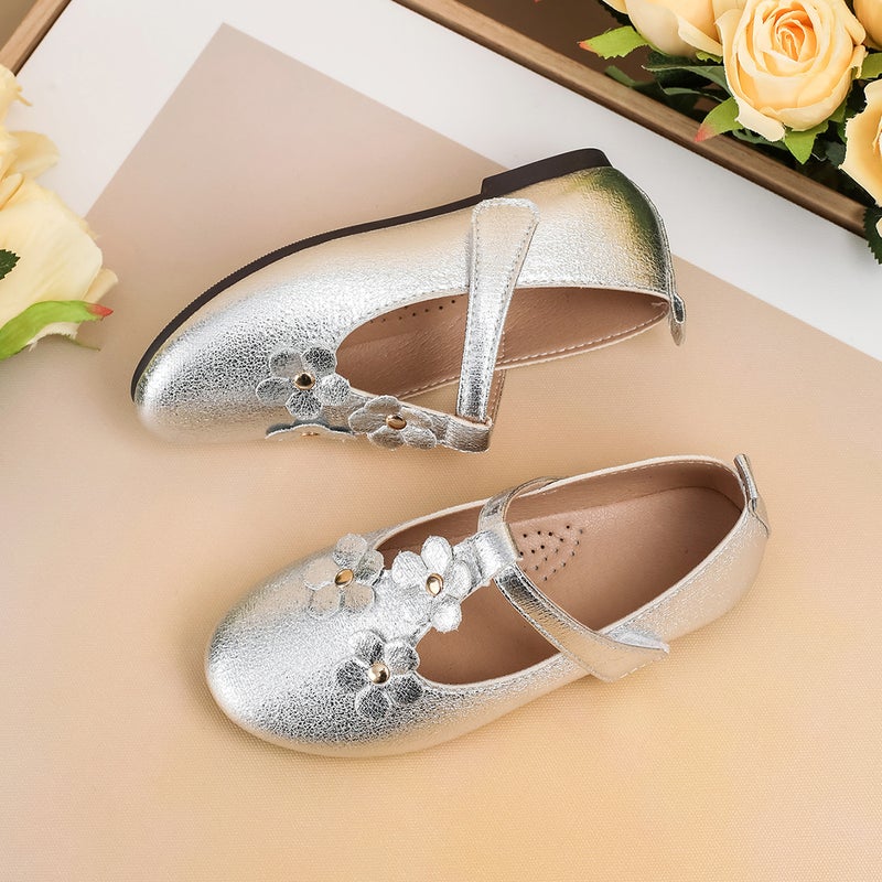 Girls' Leather Shoes, Fashion Small Floral Flat Shoes, Little Girls' Solid Color Princess Shoes, Soft-Soled Dance Shoes - Image 4