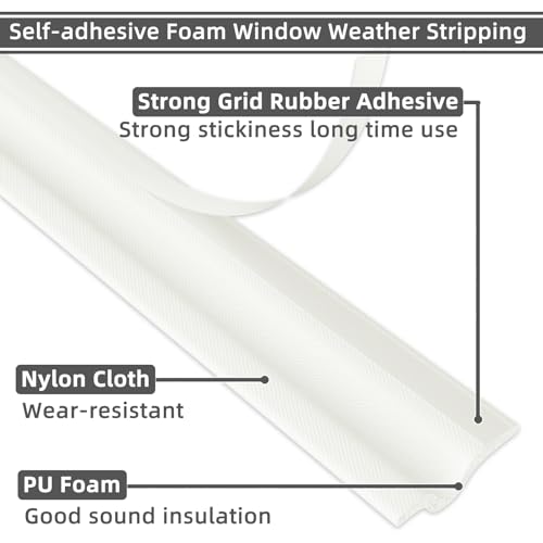 ESUFEIR 118 Inch Window Weather Stripping Door Seal Strip for Bottom and Side of Door-White,Self Adhesive PU Foam Weather Strip for Window Trim and Door Insulation Soundproofing,Door Sweep for Interior Doors - Image 5