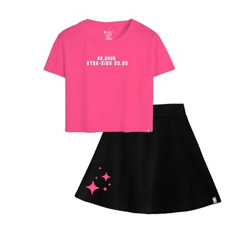 KYDA KIDS® Girls Premium 100% Cotton Crop Top and Skater Skirt Co-Ord Set with Inner Shorts | Printed Casual Summer Outfit | Soft Breathable Kids Wear - Image 1