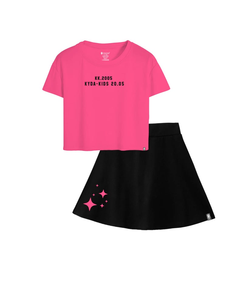 KYDA KIDS® Girls Premium 100% Cotton Crop Top and Skater Skirt Co-Ord Set with Inner Shorts | Printed Casual Summer Outfit | Soft Breathable Kids Wear - Image 2
