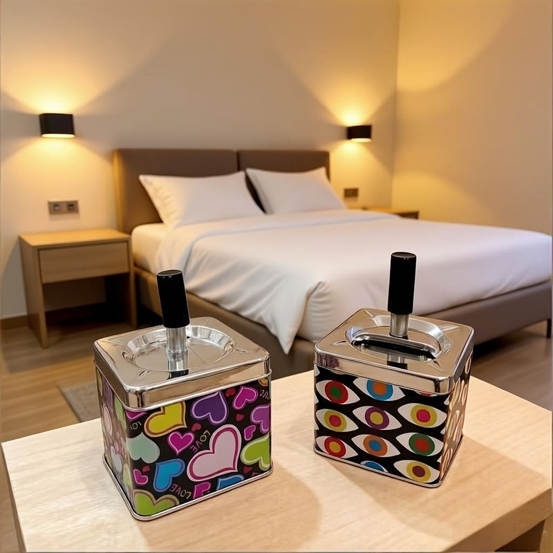 Metal Square Press And Rotate Ashtray With Lid Style 1 Vintage Dustproof Design Desktop Decoration For Bar Smoking Area - Image 4