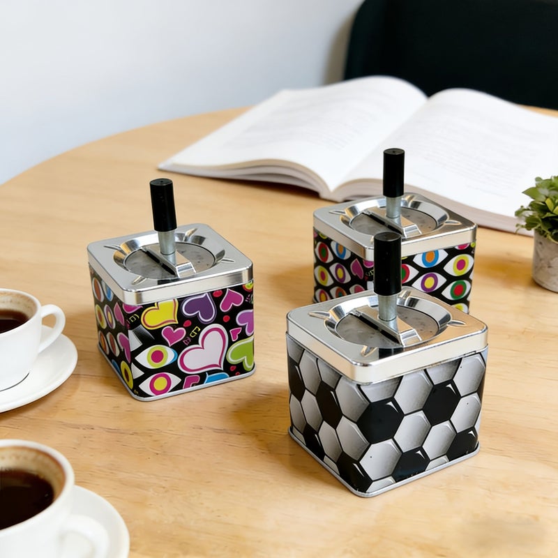 Metal Square Press And Rotate Ashtray With Lid Style 1 Vintage Dustproof Design Desktop Decoration For Bar Smoking Area - Image 1