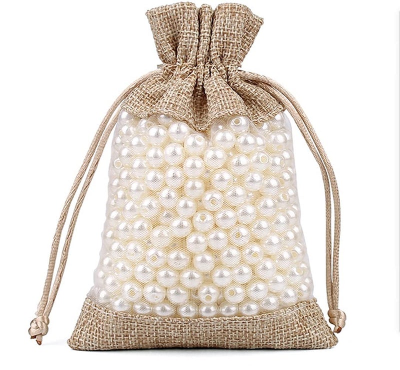 KUPOO 20PCS 3.5x5.5 Inches Clear Window Small Linen Burlap Sheer Organza Gift Bag for Wedding Party Favors Cosmetic Samples Goodies Mesh Pouch (Natural) - Image 3