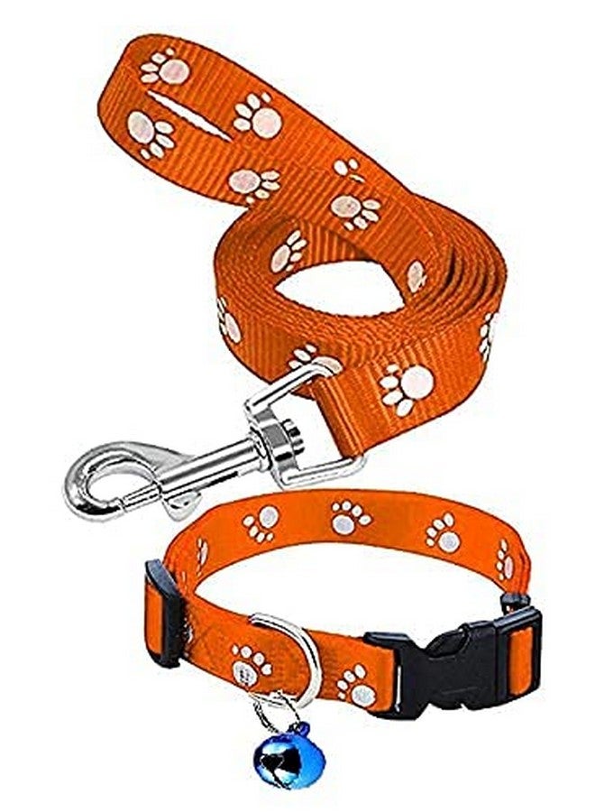 10Mm Adjustable Nylon Paw Print Design Cute Collar And Leash Set With Bell For Dogs & Cat - (Orange) - Image 1