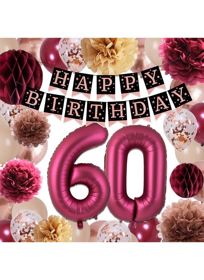 Dadoudou - 60Th Birthday Decorations Women Dadoudou 60Th Birthday Party Decorations Burgundy Happy Birthday Party Decorations With Confetti Balloons Paper Pompoms - Image 1